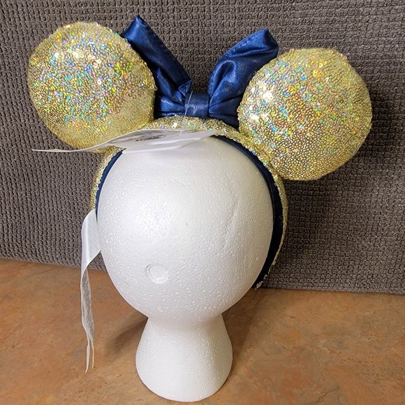 Disney Parks WDW 50th Anniversary Gold Sequin Blue Bow Ears Headband EARidescent - Picture 5 of 7